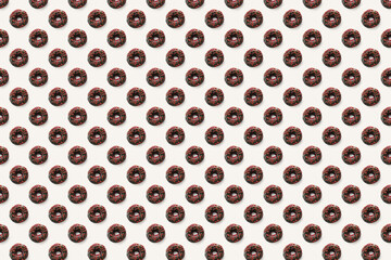 Black donuts with red glaze on white background seamless pattern top view. Food dessert flatly flat lay of delicious sweet nibbles chocolate donuts