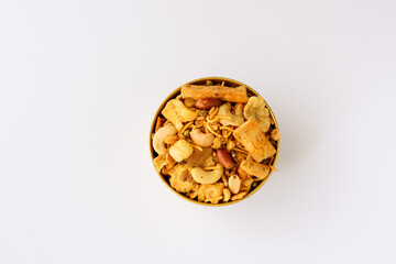 Chivda Bombay mix, chevdo, Poha Chivda Indian snack deep fried savory mixture farsan namkeen   festival Diwali Dussehra Holi ganesh chaturthi Ram navami Durga puja durga ashtami Navratri Mumbai India 