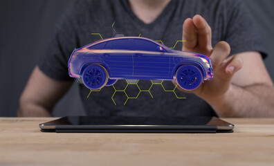 Electric car icon from lines, triangles and particle style