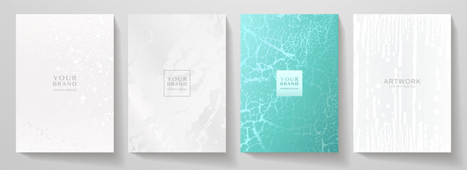 Contemporary cover design set. Art pattern with white splash paint, old cracked texture, smudge on black background. Artistic vector collection for notebook, flyer template, luxe grunge poster