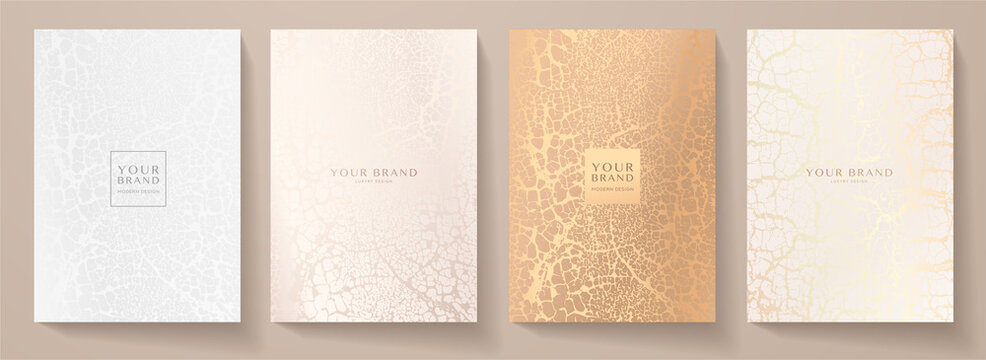 Modern cover design set. Premium vintage pattern with crack texture (grunge background). Luxury vector in pink, gold, white, colour for brochure template, restaurant menu