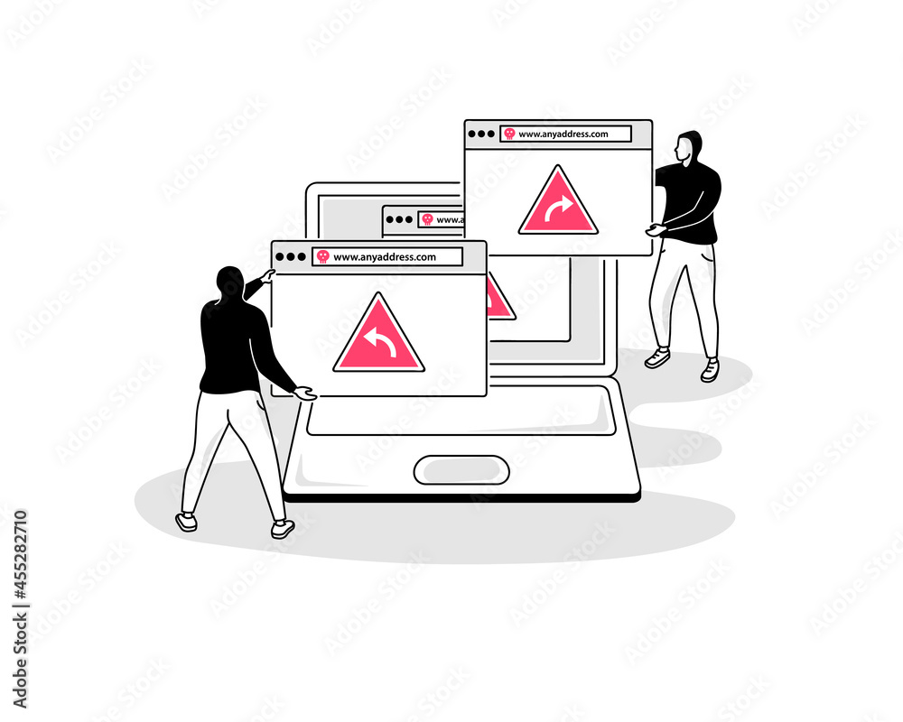 Leinwandbilder illustration of pharming attack symbol with a laptop and two hackers with several browser windows. e
