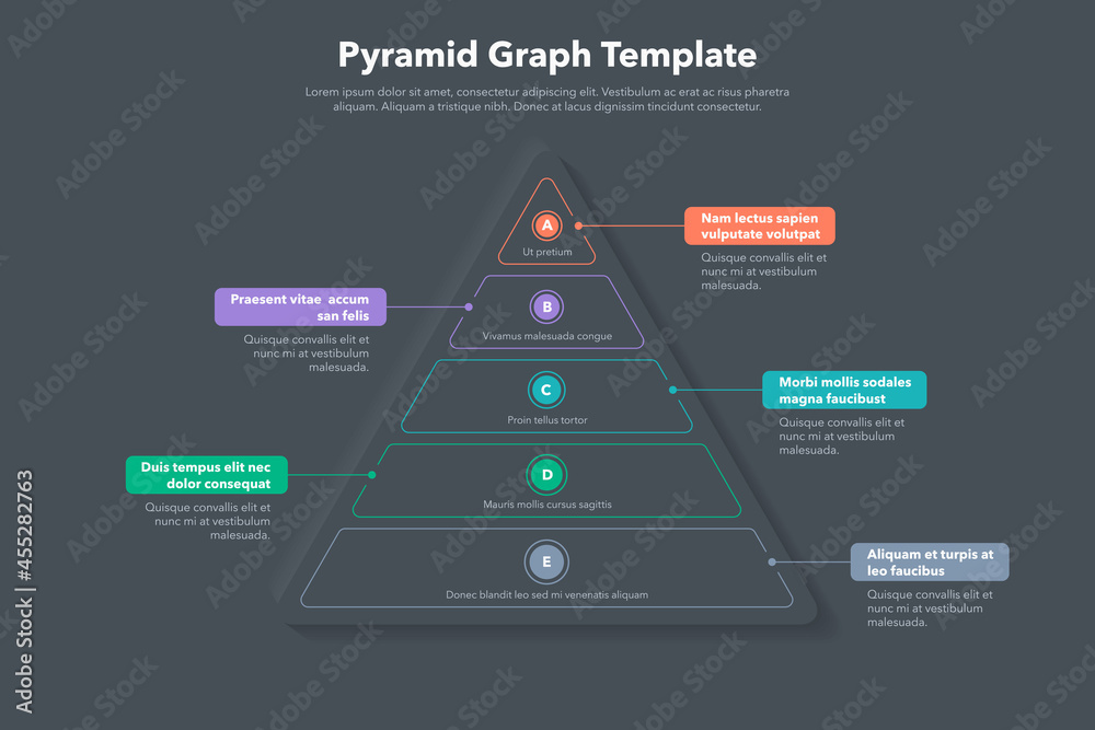 Aufkleber Pyramid graph template with five colorful steps - dark version. Easy to use for your website or presentation.