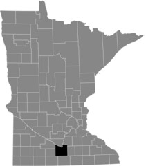 Black highlighted location map of the Blue Earth County inside gray map of the Federal State of Minnesota, USA