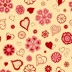 Fototapeta na wymiar Hand drawn fantasy flowers and hearts random repeat seamless pattern. Saint valentine's day toss repeat surface design. Valentine day romantic ditsy boundless background. Pink doodle endless texture.