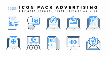 Icon Set of Advertising Two Color Icons. Contains such Icons as  Interface, Targeting And Seo, Cinema, News Advertising etc. Editable Stroke. 64 x 64 Pixel Perfect