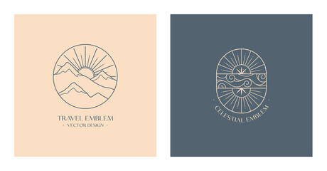 Vector linear boho emblems with snowcapped mountain landscape;sun and sky concept.Travel logos with mountains ;sun and sunburst.Modern bohemian icons or symbols in trendy minimal style.Branding design