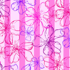 Botanical cute seamless pattern with elegant sakura isolated on pink stripes. Good for packaging, wallpaper, fabric, textile. Vector illustration line art.