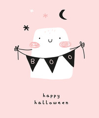 Cute Kawaii Style Halloween Print with Funny Little Ghost Holding Party Garland with Handwritten Boo. White Ghost, Stars and Moon on a Light Pink Background. Hand Drawn Halloween Vector Illustration.