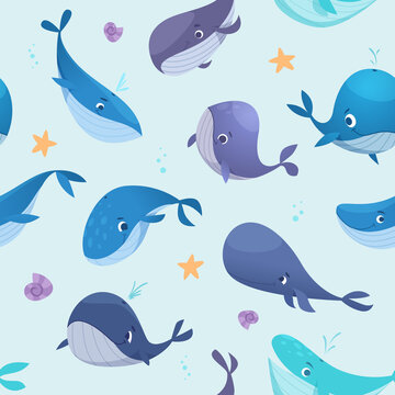Whales pattern. Textile template pictures with underwater wild animals big blue whales exact vector seamless background in cartoon style