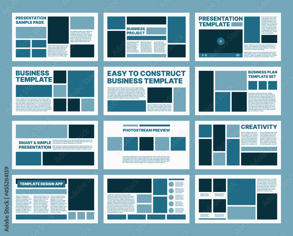 Poster Business pages templates. Presentation ui design frames and layout elements personal titles and text boxes dividers web links icons symbols buttons garish vector pages