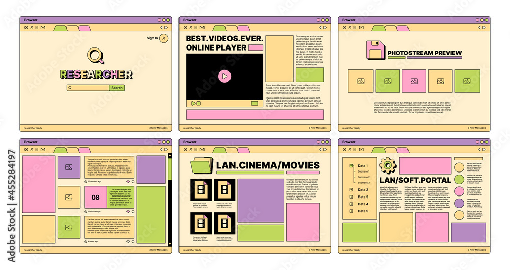 Poster retro web pages. 80s old style ui template web design elements buttons dividers banners place for te