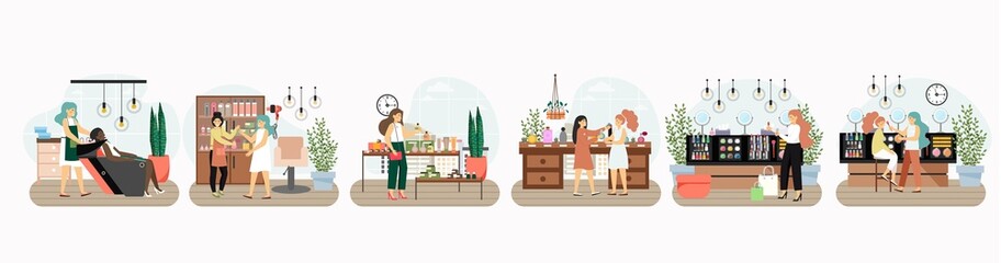 Cosmetics store scene set, vector illustration. Happy women shopping for makeup, perfumes, hair care and body skincare.
