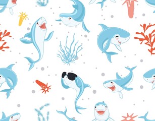 Obraz na płótnie Canvas Cute sharks pattern. Funny cartoon shark, seaweed print. Sea wildlife, underwater world vector seamless texture