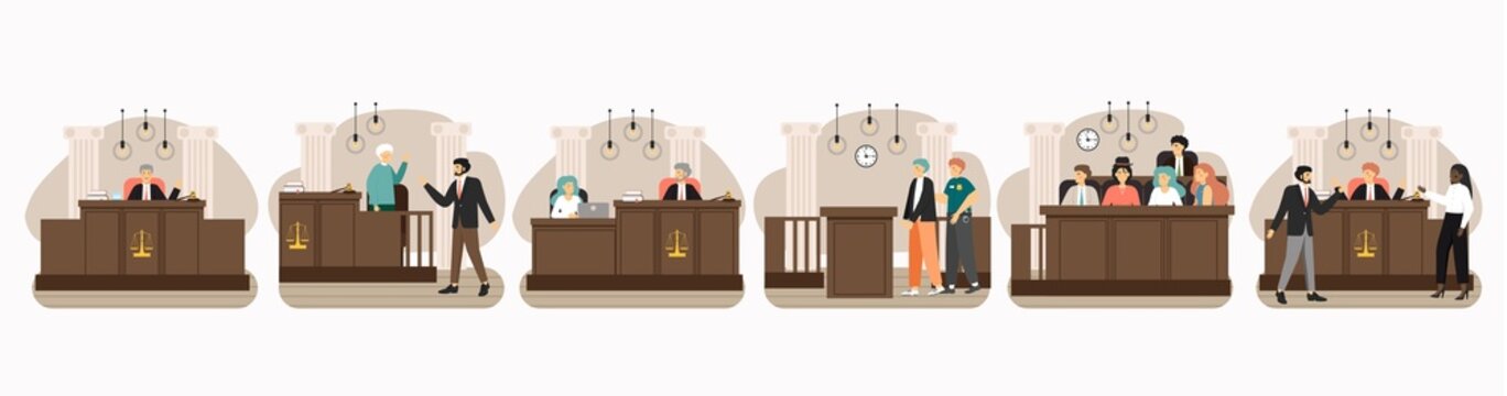 Legal trial scene set, flat vector illustration. Court session in the courtroom. Public hearing. Law and justice.