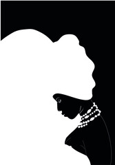 Silhouette of an African American woman in a turban (profile view). The young modest girl bowed her head. Isolated background. Banner for advertising in fashion and other industries. Vector  illustrat