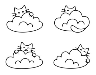 Cute funny cats on the clouds. Playful pet. Set of outline drawings isolated on a white background. Cartoon doodle style. Sweet design for t-shirts, postcard, stickers. Hand drawn vector illustration.