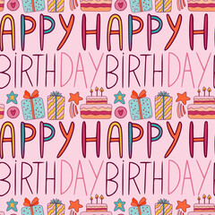 Happy birthday pattern on pink background with gift boxex and cakes.