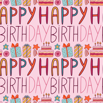 Happy birthday pattern on pink background with gift boxex and cakes.
