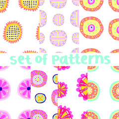 Fantasy vector set of seven colorful patterns on white background. Strange flowers in pink, blue, green, yellow, red and purple colors.