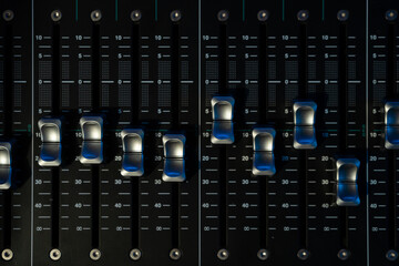 Professional sound mixer faders. Top view.