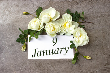 January 9th. Day 9 of month, Calendar date. White roses border on pastel grey background with...