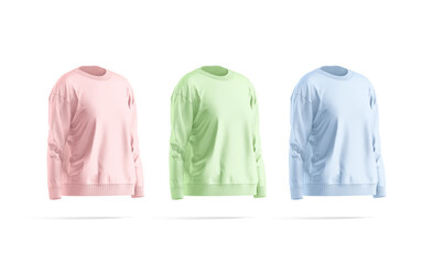 Blank colored women sweatshirt mockup set, side view