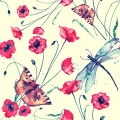 seamless watercolor background with butterflies. Handmade illustration.butterfly urticaria. Composition with butterfly, dragonfly. watercolor flower silhouette, poppy, branch, Red Rose 