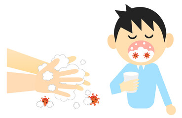 うがいと石鹸で手を洗うイラスト。新型コロナやインフルエンザの感染症予防。
