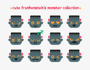 Collection of cute Frankenstein faces. Hand drawn Halloween cute and kawaii Frankenstein collection. Сute Frankenstein icons. Halloween emoji icons.