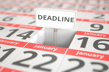 DEADLINE plate on January 15 in a calendar, 3d rendering