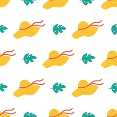 Summer cute pattern. Summer women's hat and monstera on a white background. Flat vector illustration