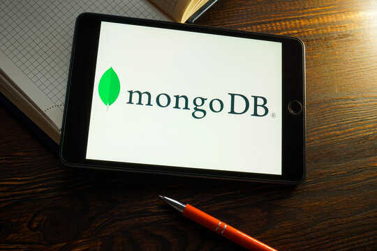 KYIV, UKRAINE - August 21, 2021. Tablet with MongoDB Atlas Database logo.