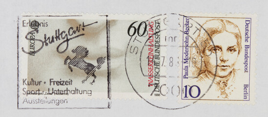 briefmarke stamp vintage retro alt old frankiert cancel gestempelt used papier paper stuttgart pferd horse kultur freizeit unterhaltung sport 60 mund mouth wasserreinhaltung paula modersohn becker