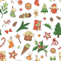 Seamless pattern with Christmas symbols isolated on white background. Colorful template of background for holidays. 