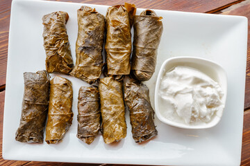 dolma is a large family of traditional dishes of grape leaf snacks stuffed with various fillings. It is widespread in Transcaucasia and Turkey