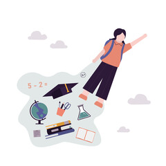 Back to school. Happy girl pupil fly and achieve knowledge. Cartoon child get and search information. Kid student flying. Female scholar studies and learning