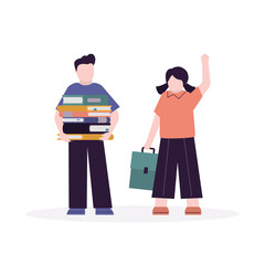 Fototapeta premium Back to school. Happy prepscholar kids stand with book. Cartoon pupils holding textbook and backpack. Concept of teaching and learning