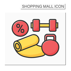 Sport store color icon. Sport equipment on discount. Special goods for sportsmen. Fitness center. Shopping mall concept. Isolated vector illustration