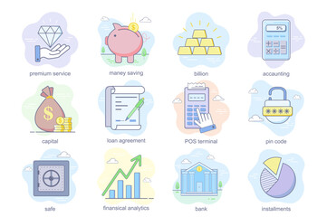 Banking service concept flat icons set. Bundle of money saving, accounting, loan agreement, POS terminal, financial analytics, bank and other. Vector conceptual pack color symbols for mobile app