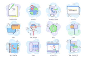 Contact us concept flat icons set. Bundle of instructions, location, outgoing call, chat, info, mall, phonebook, question, message and other. Vector conceptual pack color symbols for mobile app