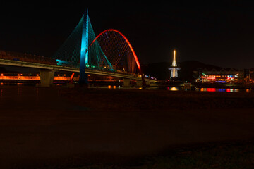 Daejeon expro bridge at night in daejeon with reflection,korea. The light bridges.