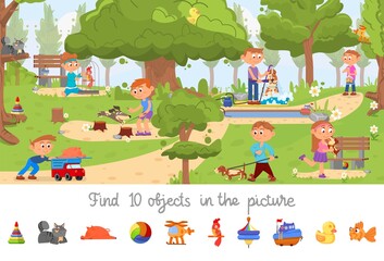 Hidden object game. Puzzle location, find objects picture for kids. Children in park with dogs. Searching visual brain teaser decent vector scene