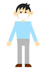 マスクをする男性のイラスト。風邪、感染症予防。