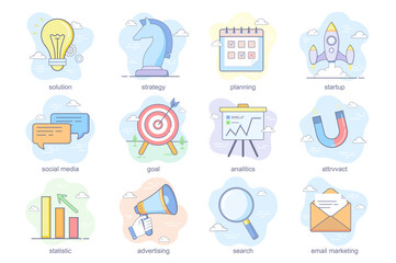 Marketing concept flat icons set. Bundle of solution, strategy, planning, startup, social media, goal, analytics, statistic, advertising and other. Vector conceptual pack color symbols for mobile app