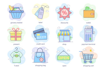 Shopping concept flat icons set. Bundle of grocery basket, label, discounts, wallet, present, credit card, shop, payment terminal, open and other. Vector conceptual pack color symbols for mobile app