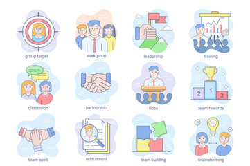 Teamwork concept flat icons set. Bundle of group target, workgroup, leadership, training, discussion, partnership, boss, recruitment and other. Vector conceptual pack color symbols for mobile app
