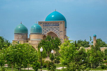 Fototapeta na wymiar Panorama of medieval complex Dorut Tilavat from side of the park. Built in 1374. Shot in Shakhrisabz, Uzbekistan
