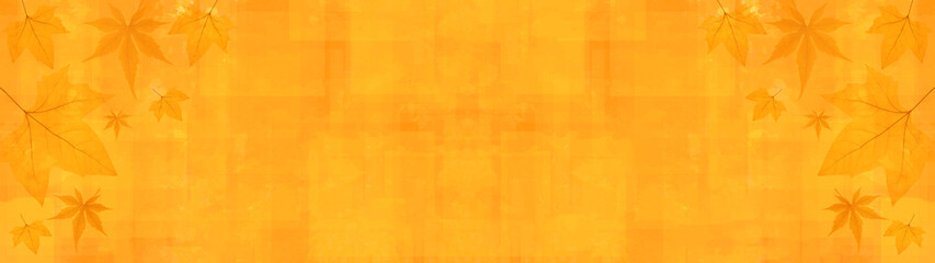 Autumn background banner panorama long - Autumnal fallen leaves on abstract yellow watercolor brushes painted paper texture