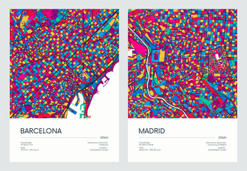 Color detailed road map, urban street plan city Barcelona and Madrid with colorful neighborhoods and districts, Travel vector poster - obrazy, fototapety, plakaty